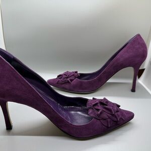 Manolo Blahnik Purple Suede Heels with Floral Accent